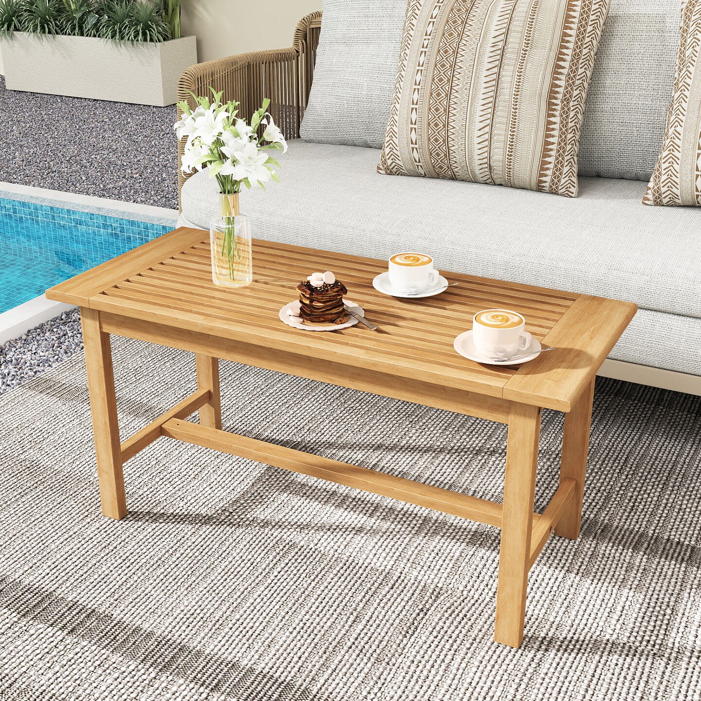 Natural Teak Wood Coffee Table with Slatted Top, Cross Structure and Outdoor Use