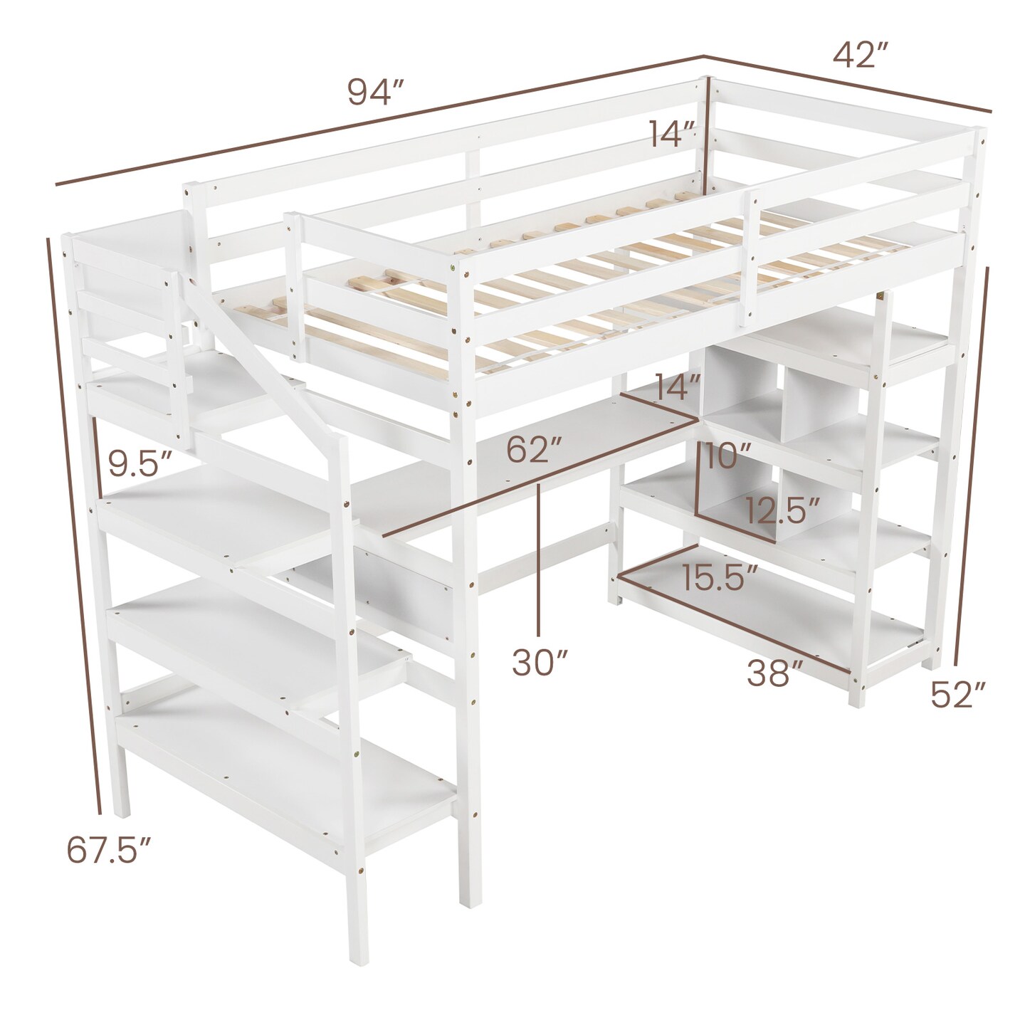 White Twin Size Loft Bed with Desk, Storage Stairs, Shelves and Safety Guardrails
