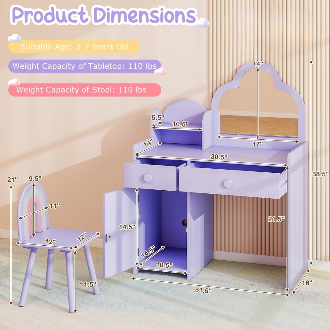 Kids Vanity Set, Cloud Shape Mirror, Storage and Pine Wood Stool