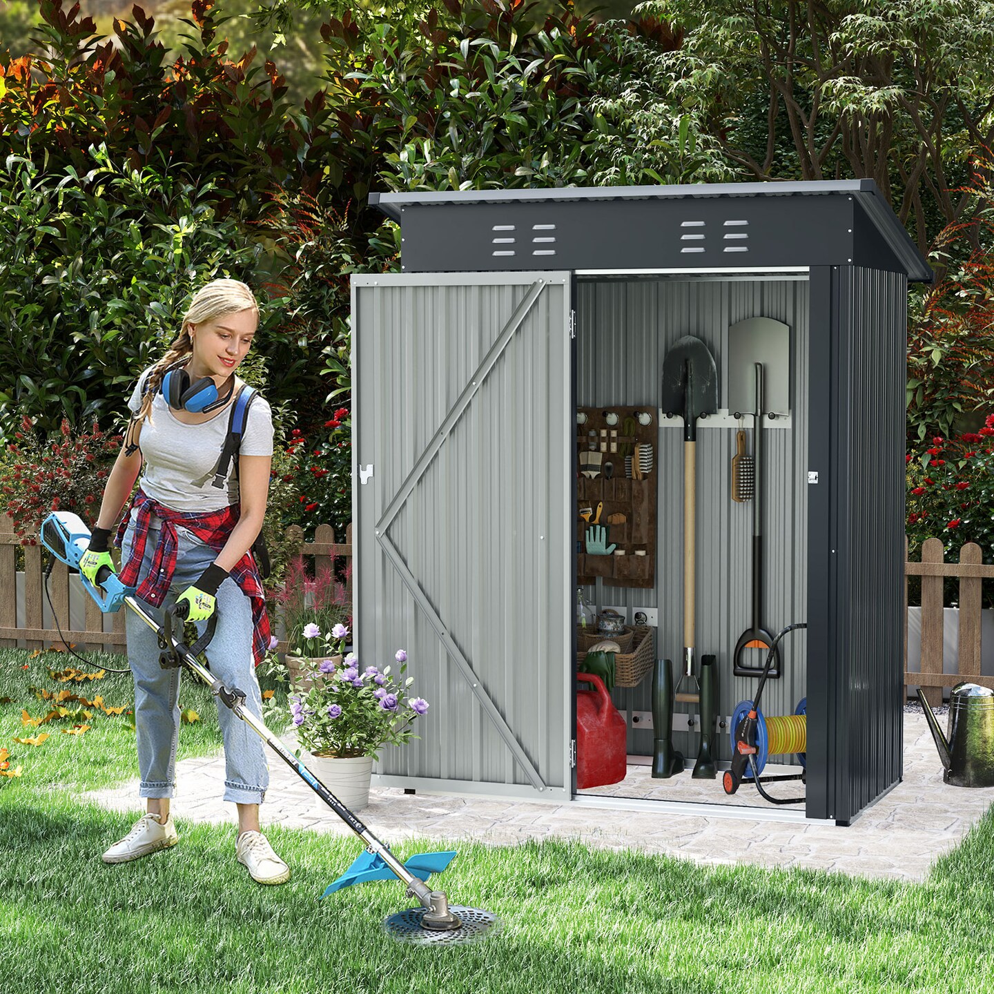 Grey Galvanized Metal Outdoor Storage Shed with Lockable Door, Vents, and Roof