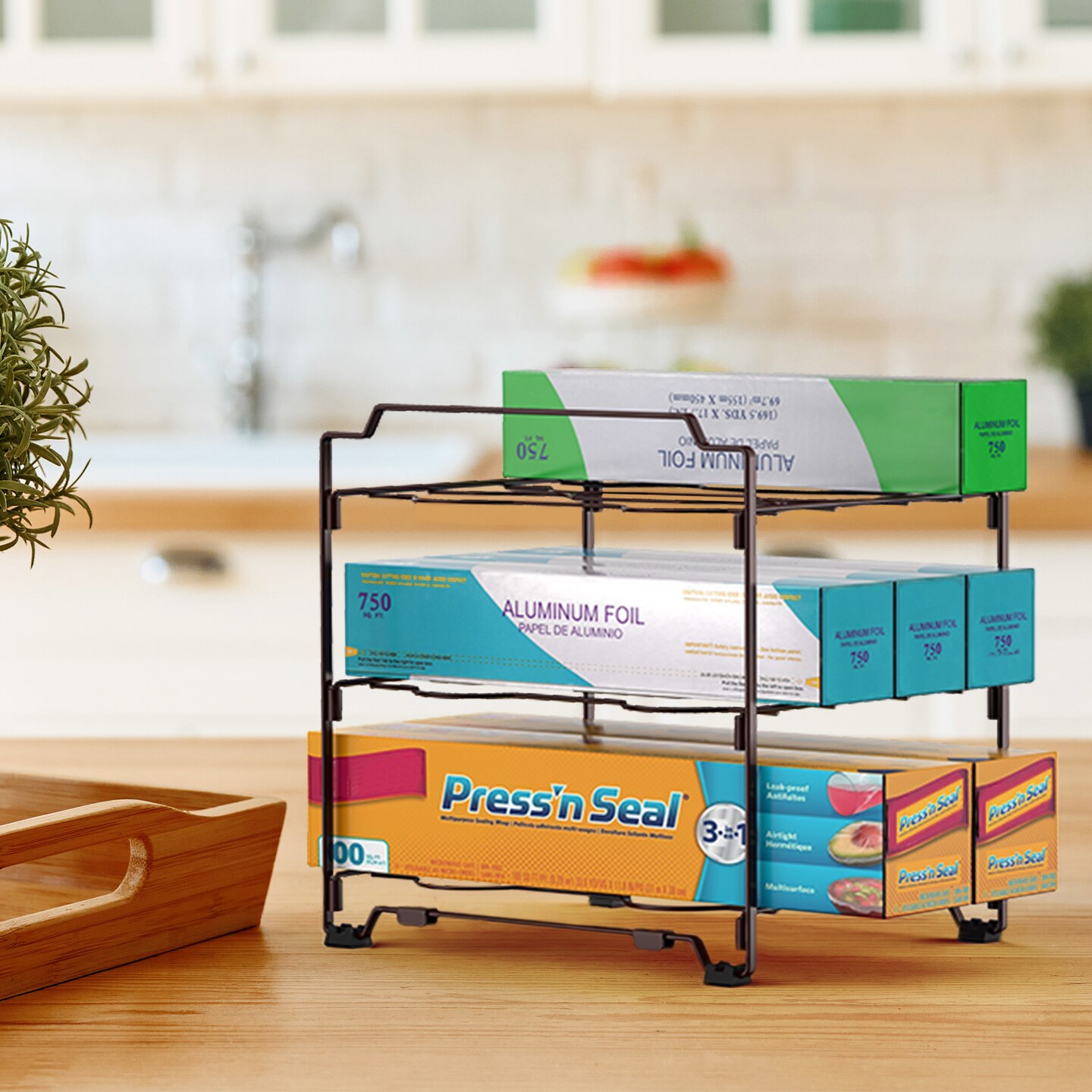 Upgraded Kitchen Wrap Organizer Rack - Non-Slip, Stackable Foil & Plastic Wrap Storage for Cabinets/Countertops - Space-Saving Design (7.7"L x 9.5"W x 9.4"H)