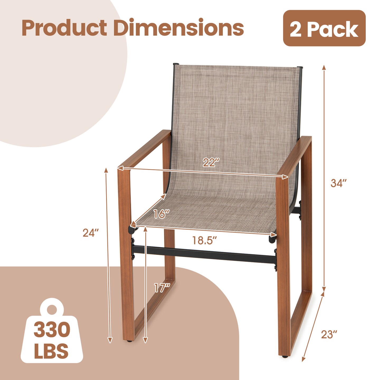 Fabric Patio Dining Chairs Set of 2 with Metal Frame, Ergonomic Design and Adjustable Foot Pads