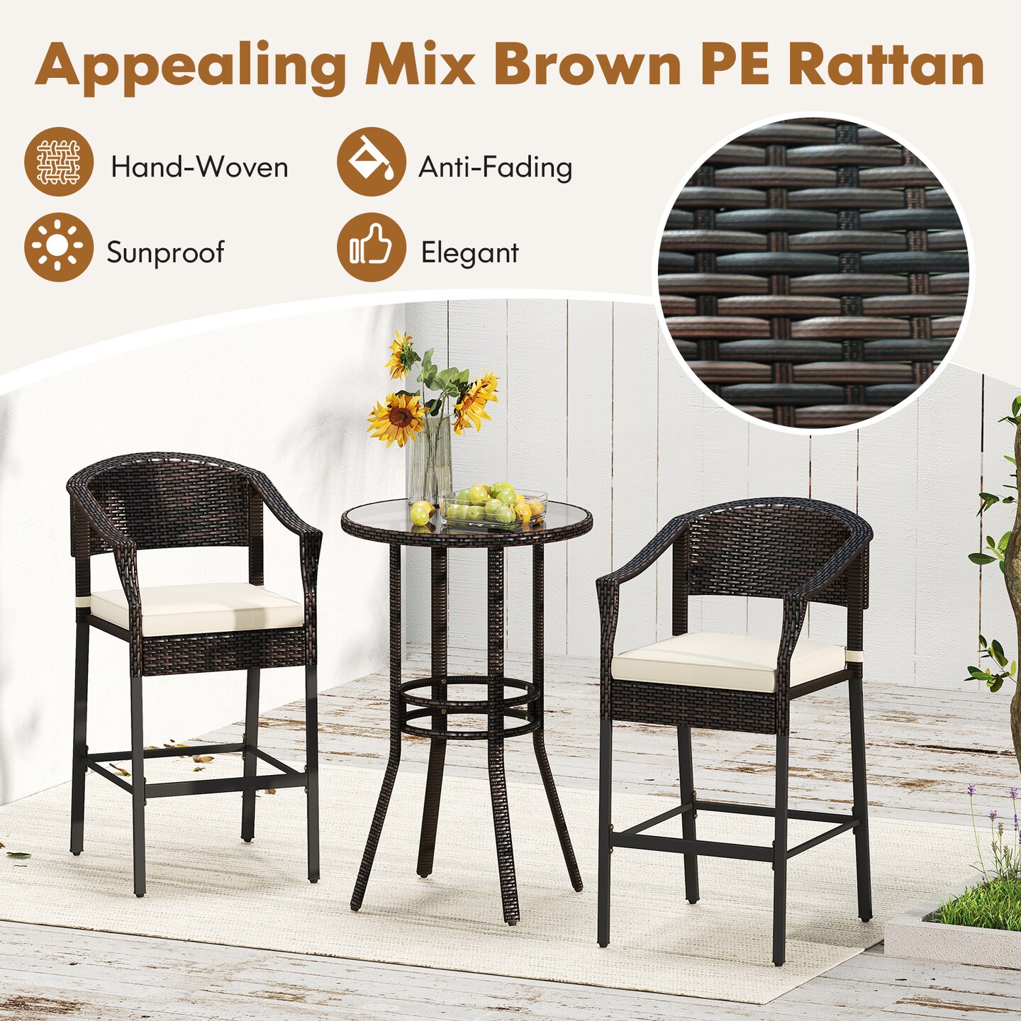 3-Piece Patio Rattan Bar Set with Round Glass Table-Top and 2 Armchairs