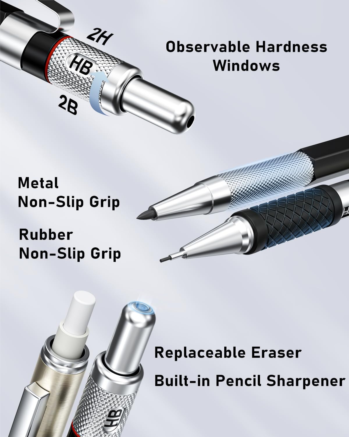 25PCS Art Mechanical Pencil Set with Case, 3PCS Metal Artist Lead Pencil 0.5, 0.7, 0.9 mm &#x26; 3PCS 2mm Holder (HB 2H 2B 4B Color) with 432PCS Graphite Lead Refills for Drawing Sketching
