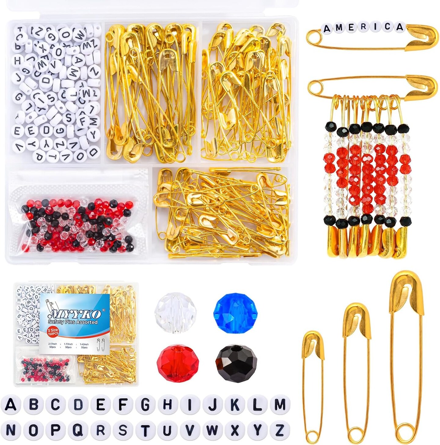 150PCS Gold Safety Pins with Beads – 3 Sizes, Includes 300 Colored Beads & 78 Letter Beads for DIY Crafts