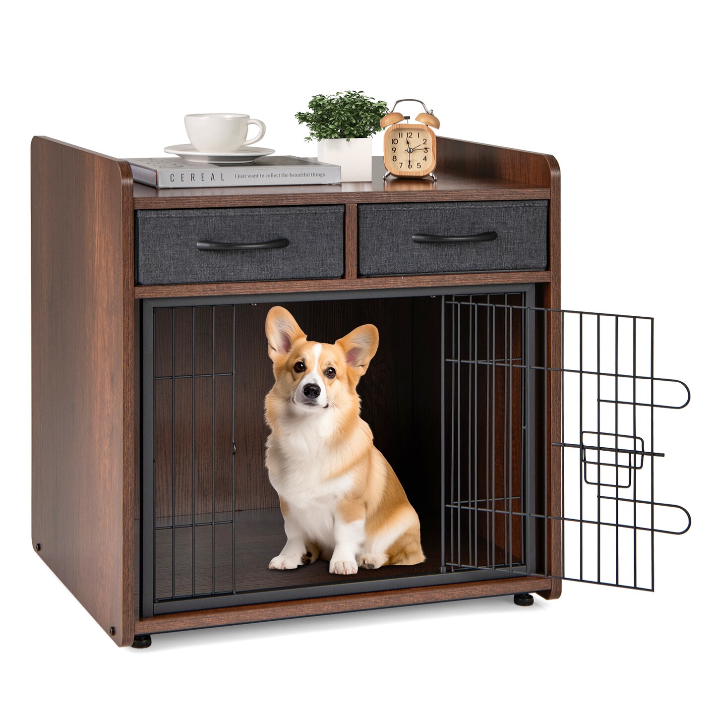 Brown Dog Crate Cage End Table with 2 Fabric Drawers Ideal for Small or Medium Pets