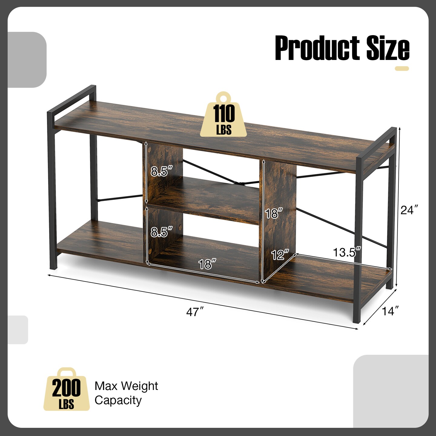 TV Stand with Metal Frame, Storage, Shelves and Anti-Tipping Kits