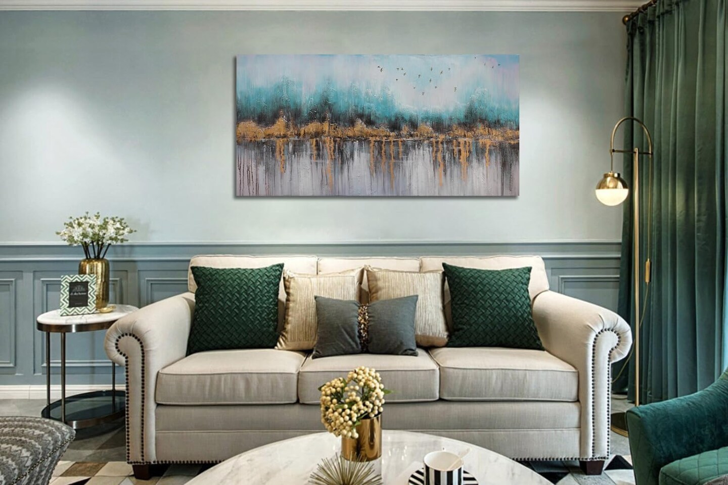 Teal & Gold Abstract Canvas Wall Art 40x20" – Framed, Textured, Ready to Hang.