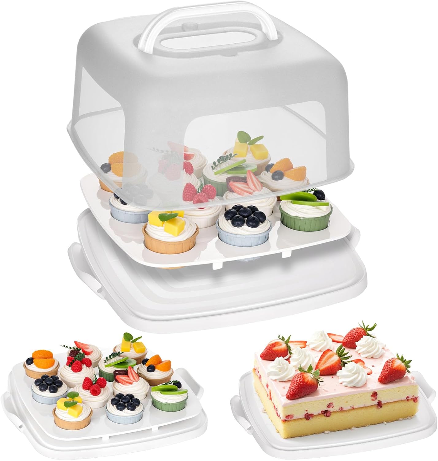 Cake Carrier with Lid, White Square Cake Holder Cupcake Container for 12 Cupcakes 2 in 1 Portable Dessert Container for Cake Pie Muffin Cobbler