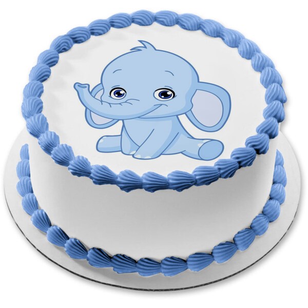 Blue Baby Elephant Edible Cake Topper Image 7.5 Round