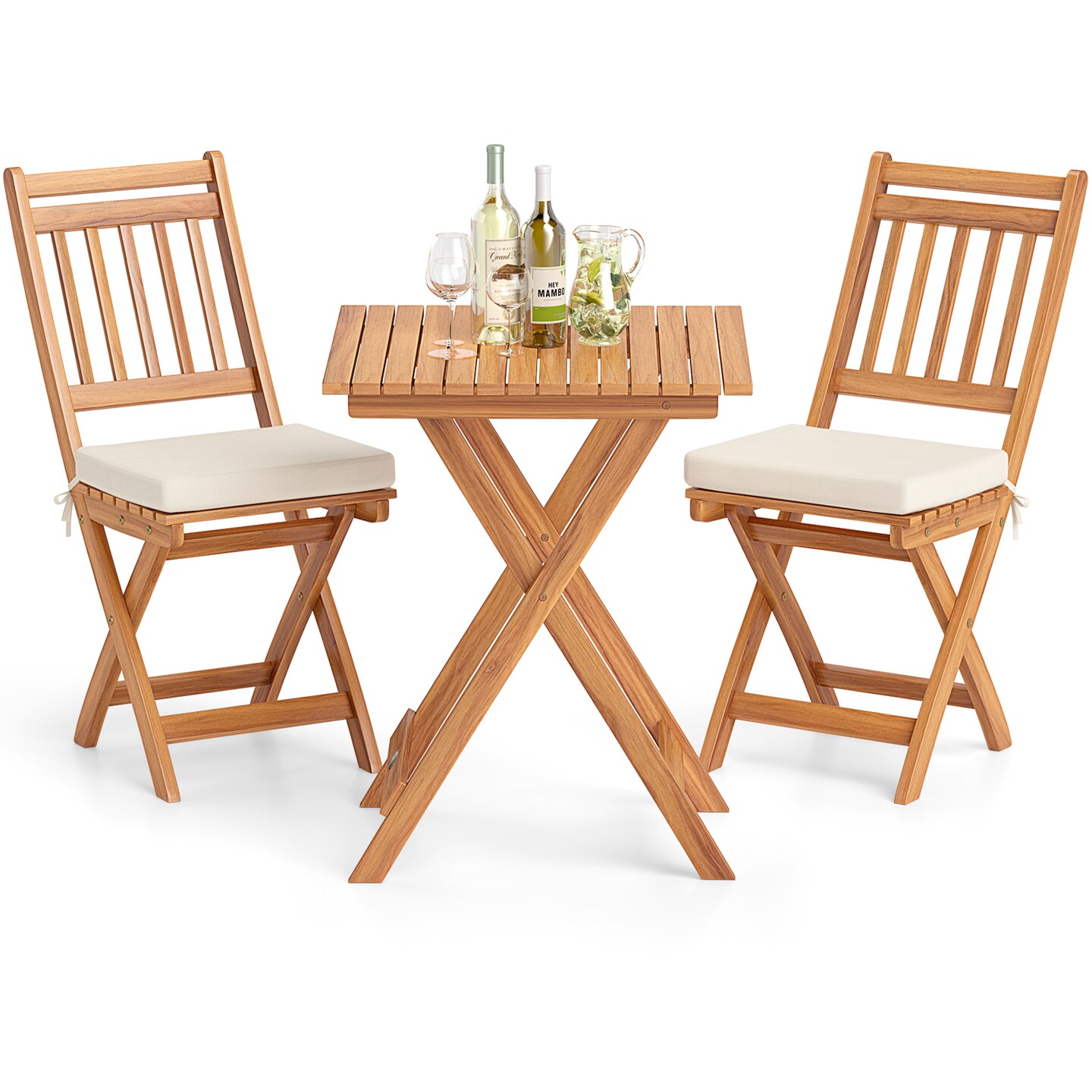 3 Pieces Acacia Wood Patio Bistro Set with Soft Seat Cushions Ideal for Outdoor Use