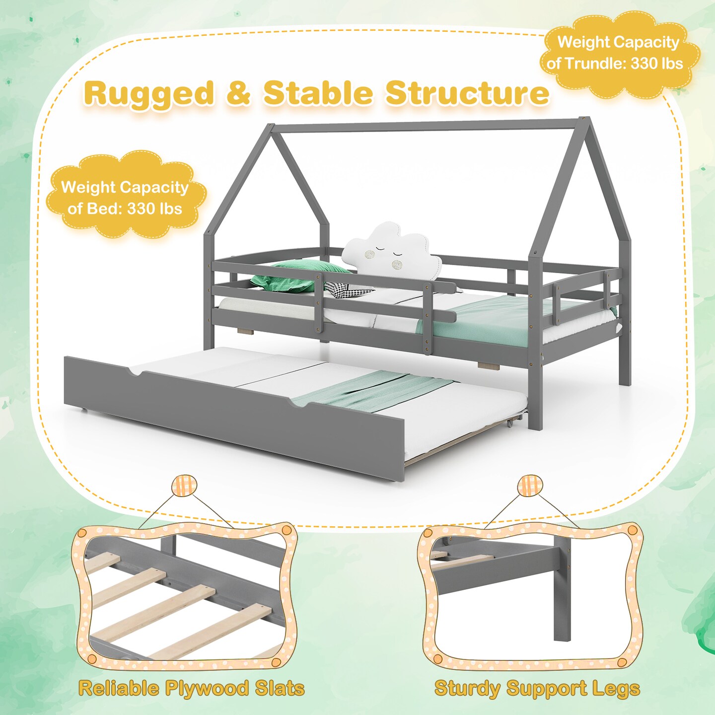 Twin House Bed with Trundle and Fence Rail for Kids Room