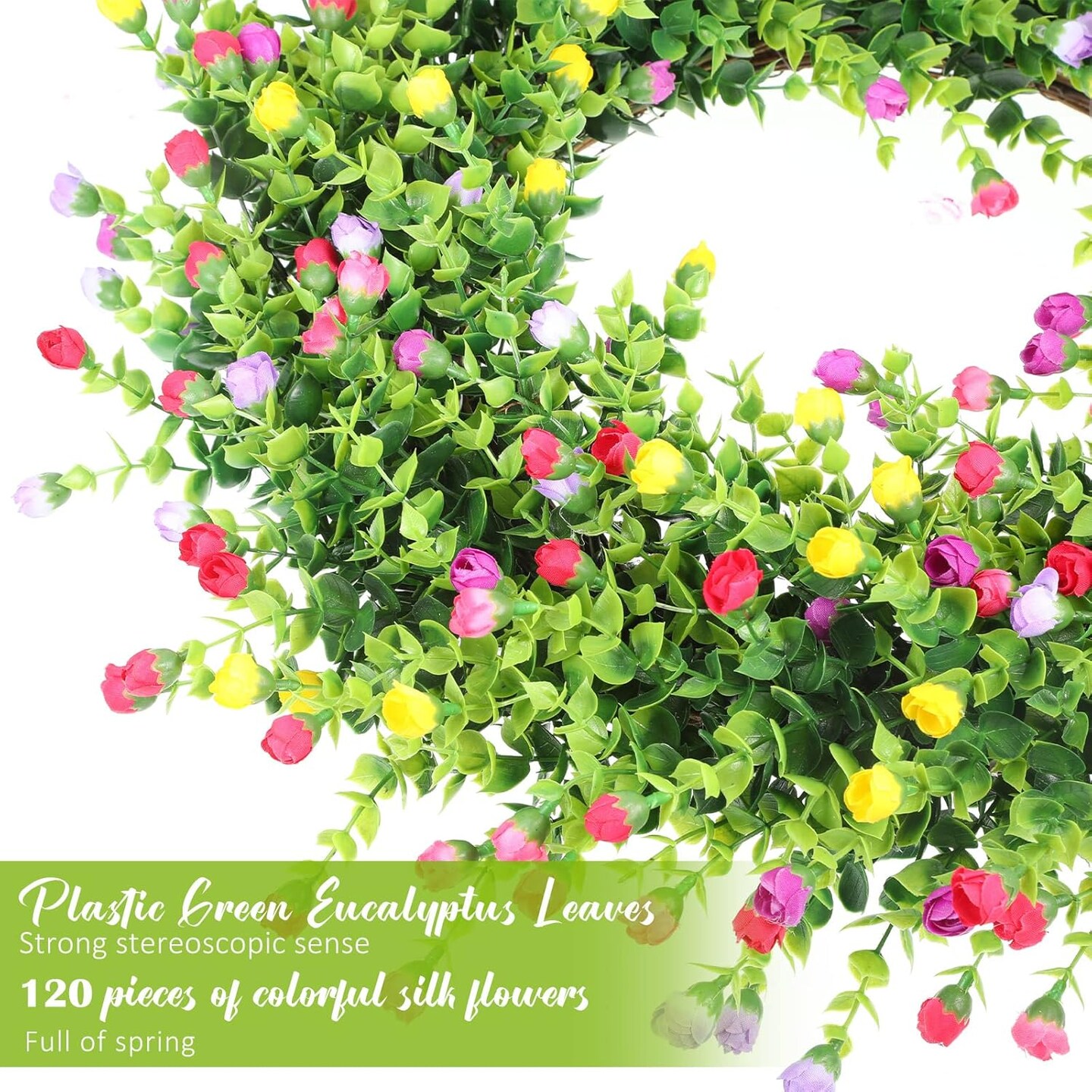 Spring Wreaths for Front Door Silk Artificial Rose Flower Wreath 120 Colorful Flowers with Plastic Green Eucalyptus Leaves Farmhouse Outdoor Wreath for Home Summer Decorations, 17.8 Inches