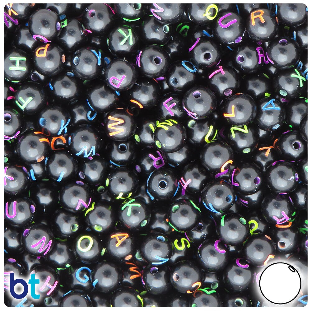 BeadTin Black Opaque 8mm Round Plastic Alpha Beads - Colored Letter Mix (200pcs)