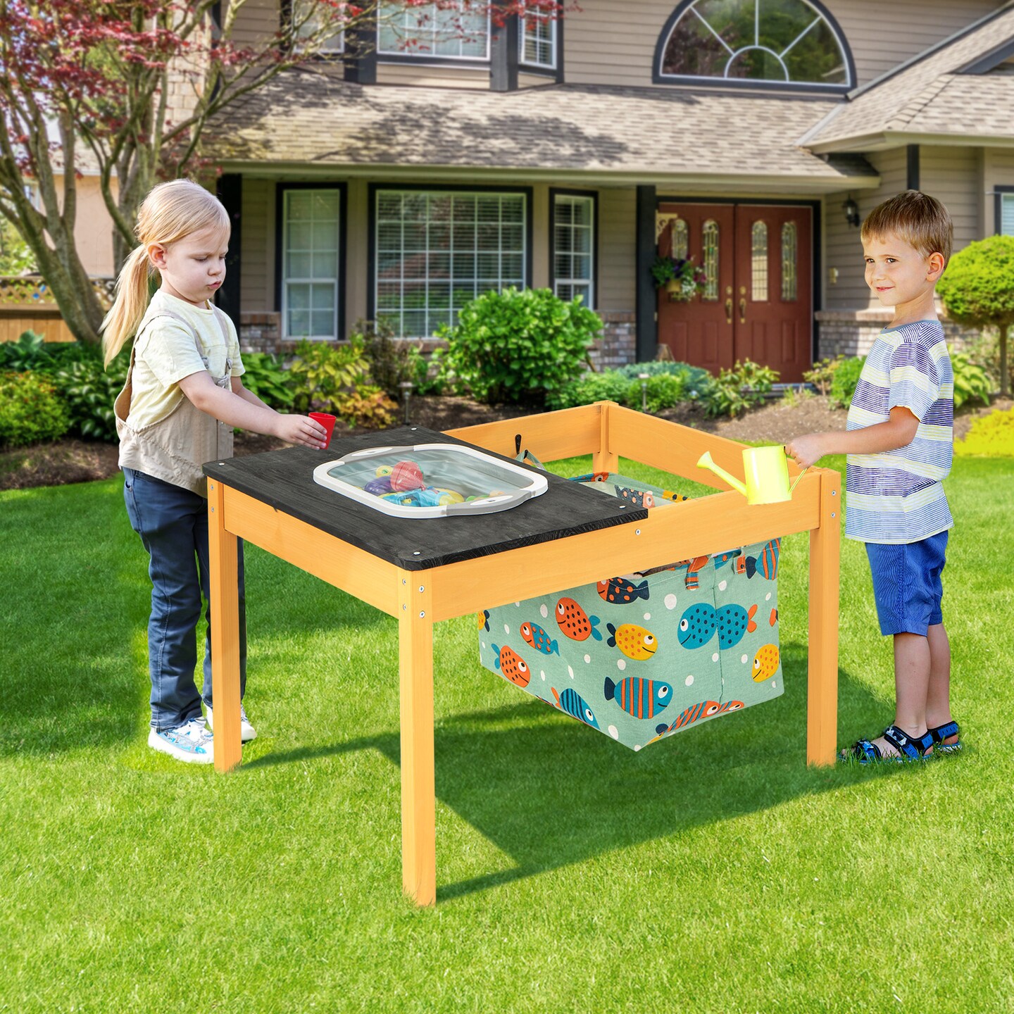Natural Fir Wood Kids Sensory Activity Table with Storage Bins