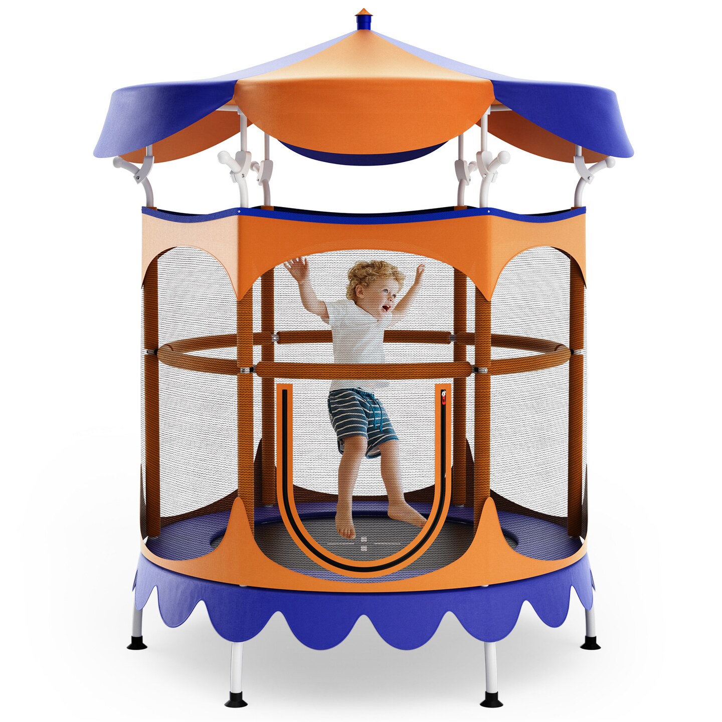 Kids Trampoline with Detachable Canopy, Safety Net, Zipper Door and Foam Padding