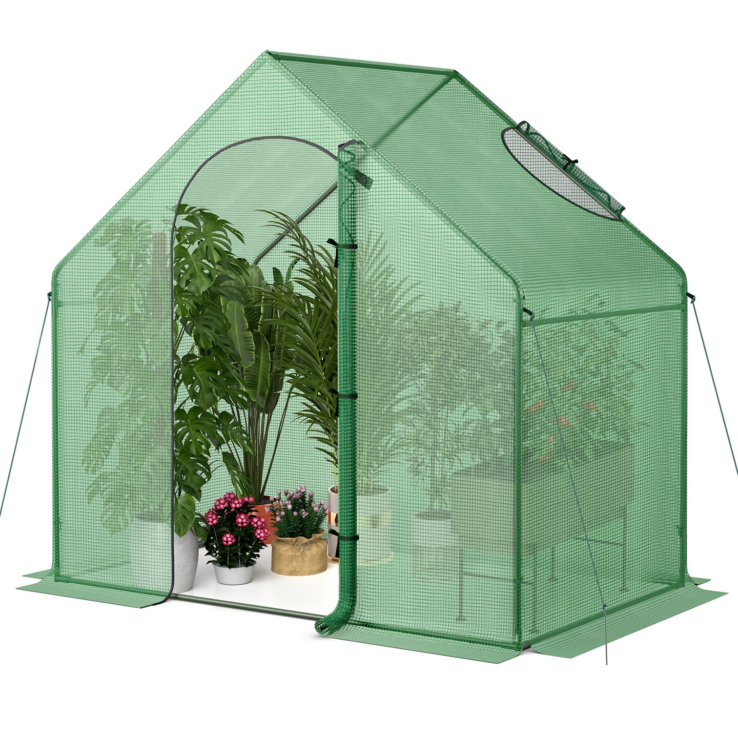 Green PE-Coated Metal Walk-In Warm Greenhouse with Roll-Up Door and Ventilation