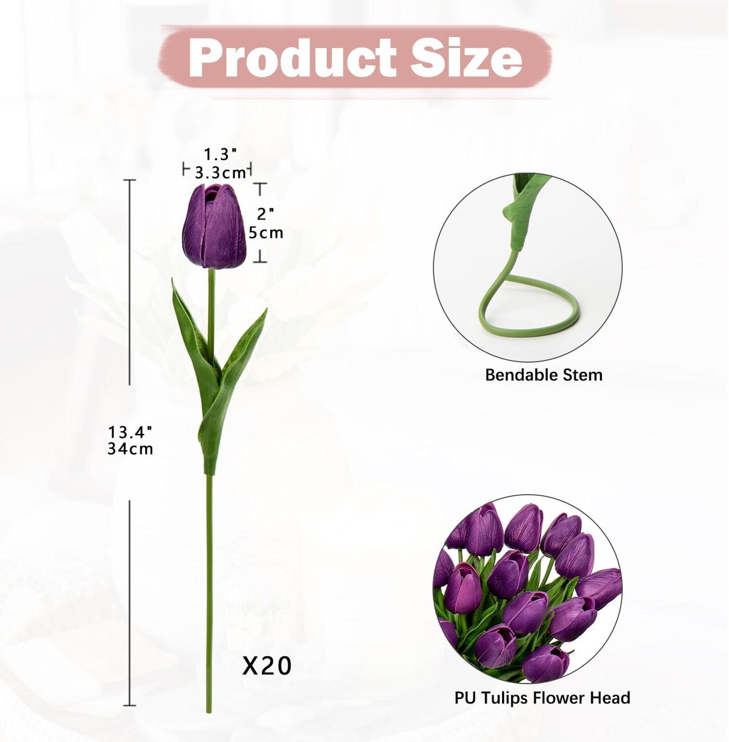 20 Pcs Purple Tulips Artificial Flowers Real Touch Fake Tulips