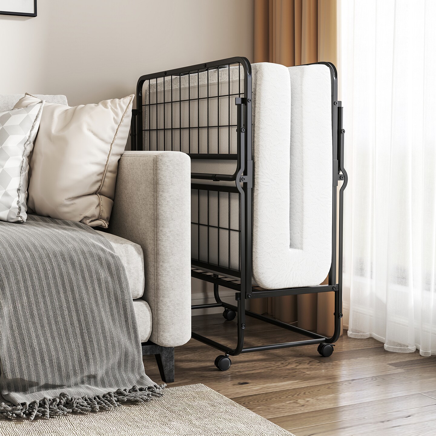 White Memory Foam Mattress Folding Bed with Black Metal Frame and Casters