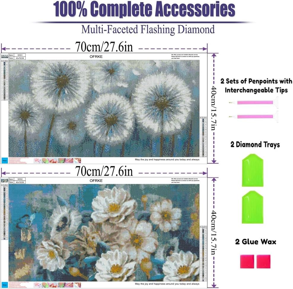 2 Pack Diamond Painting Kits,Large 5D DIY Dandelion Flower Diamond Painting Kits for Adults,DIY Full Drill Crystal Rhinestone Arts and Crafts,Gem Art Painting with Diamond Home Wall Decor (28X16inch)