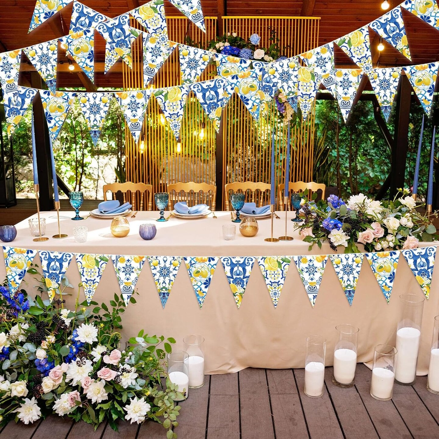 5 Pcs Blue Tiles Lemon Decor Lemon Bunting Banners Blue Tiles Paper Pennant Garlands Lemonade Hanging Triangle Flags for Wedding Birthday Bridal Shower Bachelorette Party Decorations
