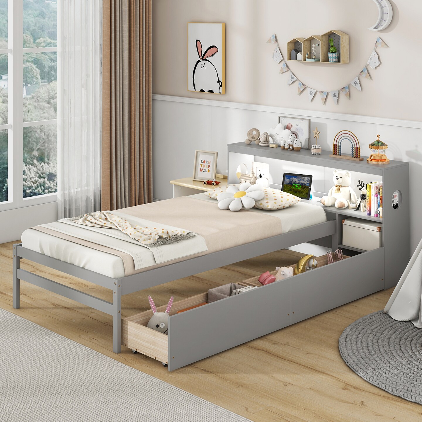 Solid Wood Bed with Storage Headboard, LED Light, USB Ports and Drawers