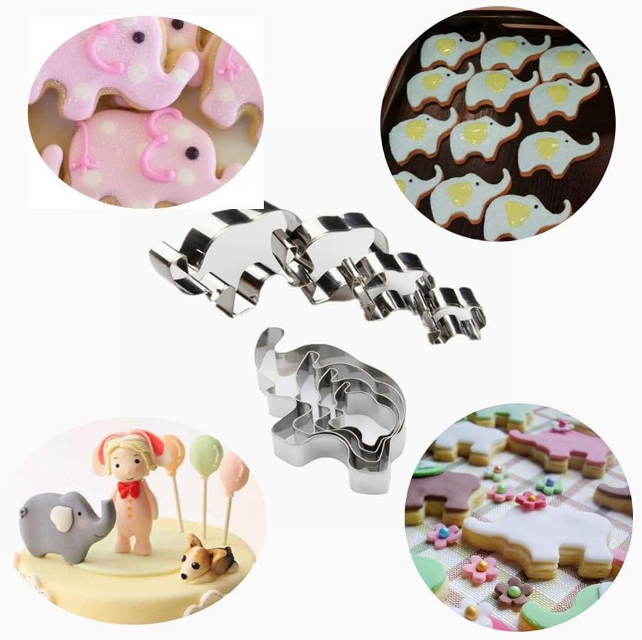 Elephant Cookie Cutter Set of 4 Counts Animal Biscuit Cutter Baby Shower Press Cookie Molds Stainless Steel Metal Fondant Cutter (Elephant Cookie Cutter)