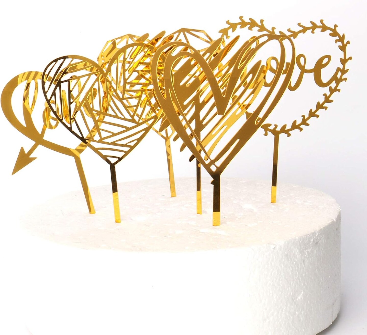 Cake Toppers Set of 6 - Gold Acrylic Wedding Cake Decorations with Heart, Metallic Love Design Cupcake Dessert Decor for Anniversary, Engagement Party Celebration