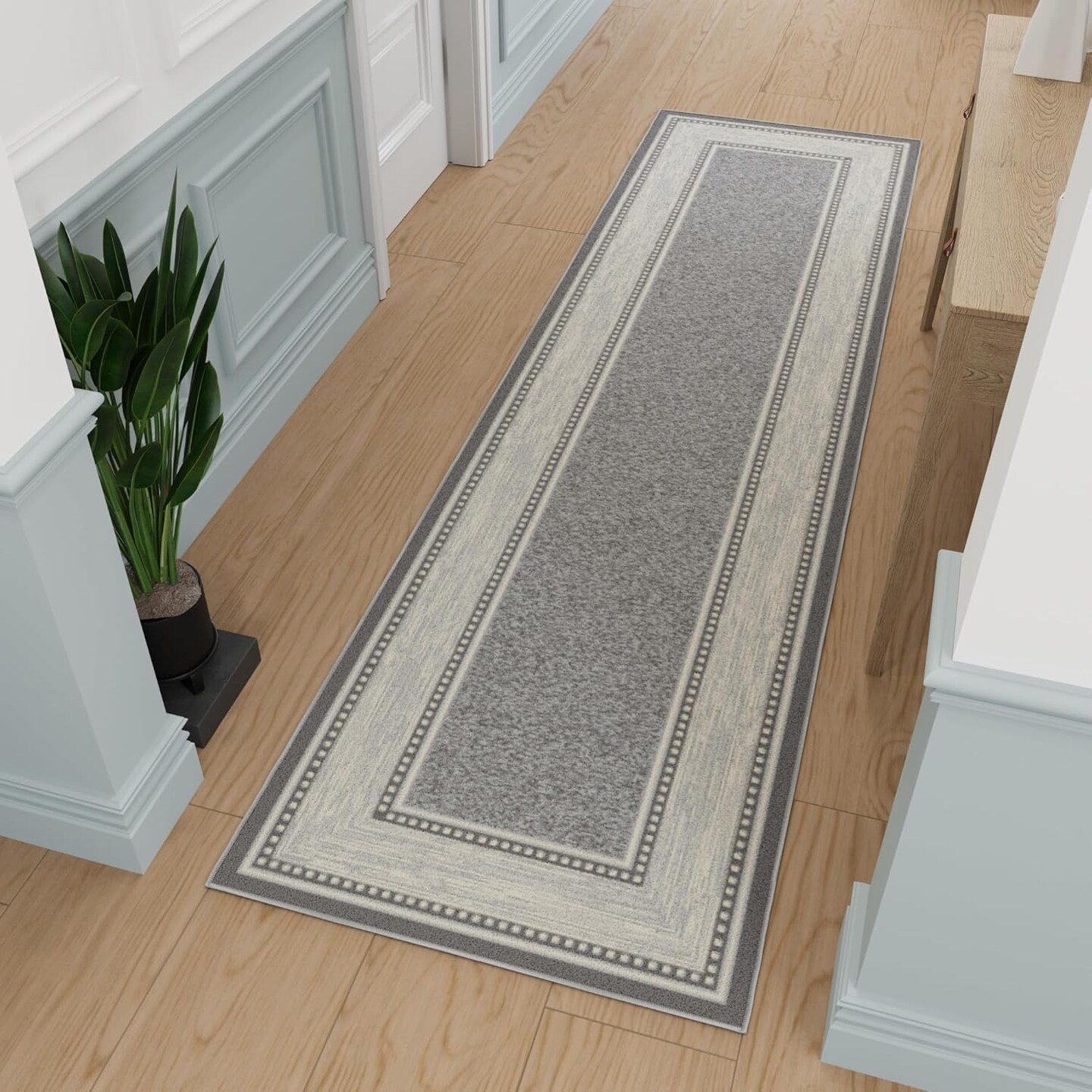 Machine Washable Bordered Design Non-Slip Rubberback 3x10 Traditional Runner Rug for Hallway, Kitchen, Bedroom, Living Room, 2&#x27;7&#x22; x 9&#x27;10&#x22;, Light Gray