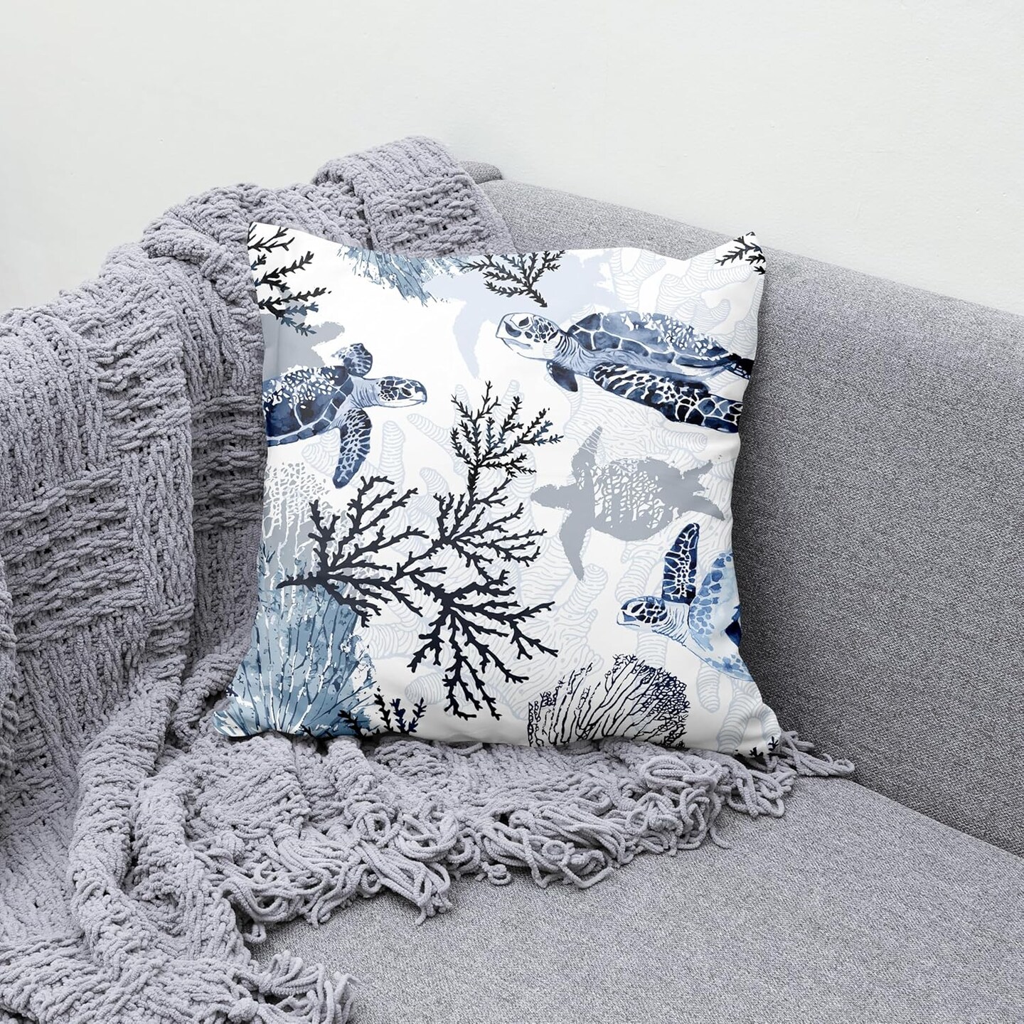 Nautical Coastal Throw Pillow Covers Set of 2 Beach Themed Ocean Coral Sea Turtle Decorative Pillow Cases Outdoor Sofa Cushion Cover for Bedroom Living Room, 18x18, Blue