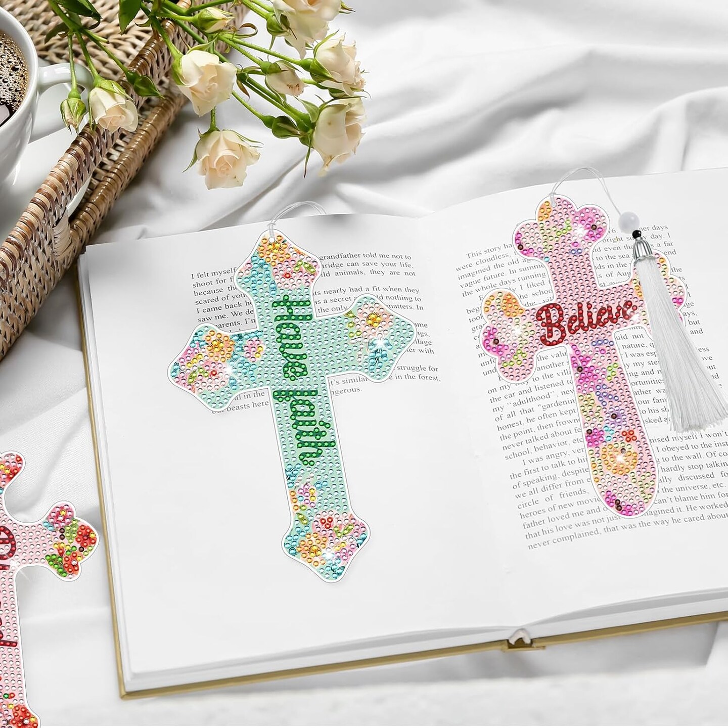 8PCS Cross Diamond Painting Bookmarks – 5D Rhinestone Bible Verse DIY Crafts & Christian Gifts