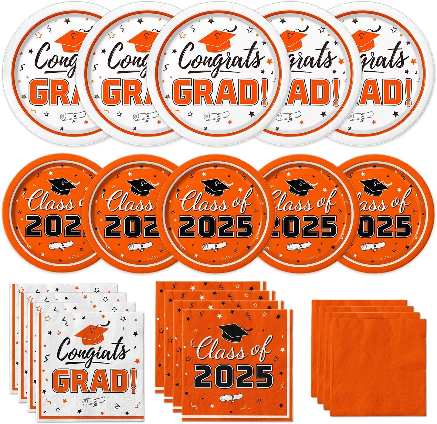 Graduation Party Supplies Kit Serves 50 - Graduation Party Orange Class of 2025 Tableware, Disposable Dinner Plates, Dessert Plates, and Napkins for Congrats Grad Party Decorations