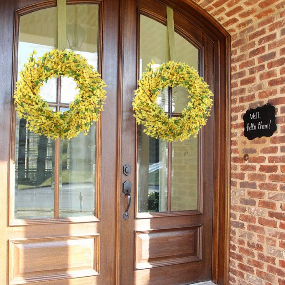 Spring Forsythia Wreath Yellow Flower Wreath Artificial Front Door Wreath with Grapevine Garland Greenery Wreath for Home Indoor Wall Farmhouse Outdoor Garden Office Wall Wedding Decor