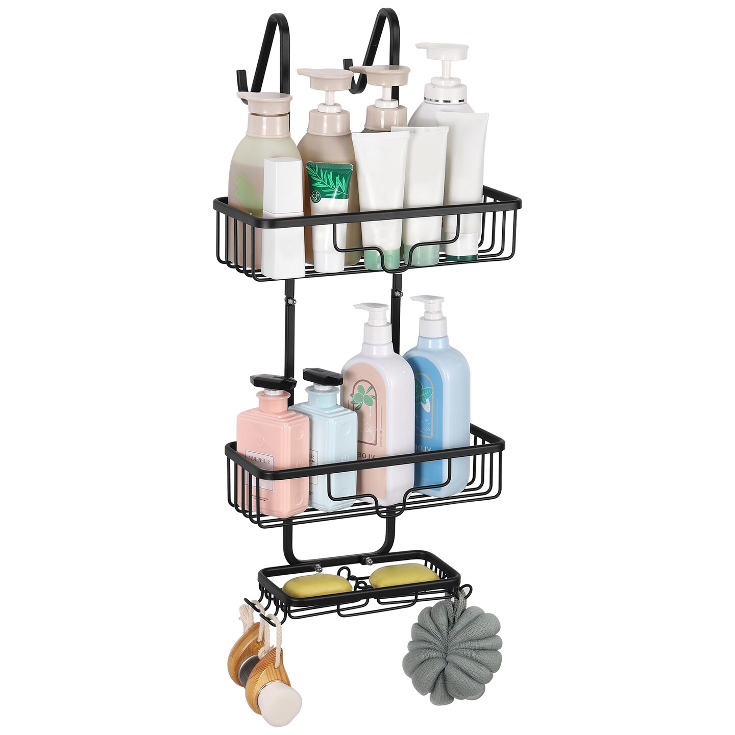 Over The Door Shower Caddy Organizer &#x2013; 3-Tier Aluminum Hanging Bathroom Storage with 2 Baskets, 4 Hooks &#x26; Soap Holder, Rustproof &#x26; No Drill Installation (Black)
