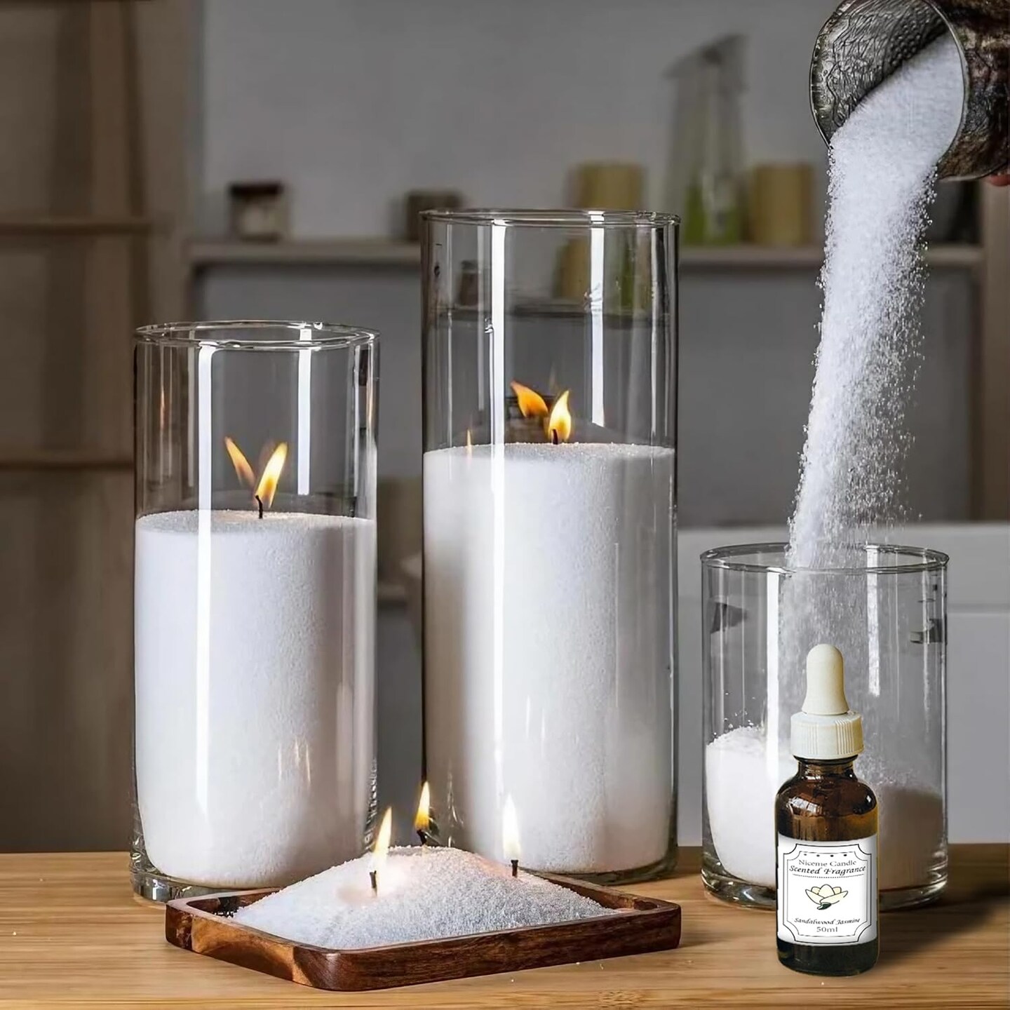 Customized Powder Candle Making Kit, Sandalwood Jasmine Scented 26Oz / 750g Refillable Beaded Wax Sand All Natural DIY Pearled Candle with 50ML Essential Oil 30PCS Wicks 2PCS Centering Devices