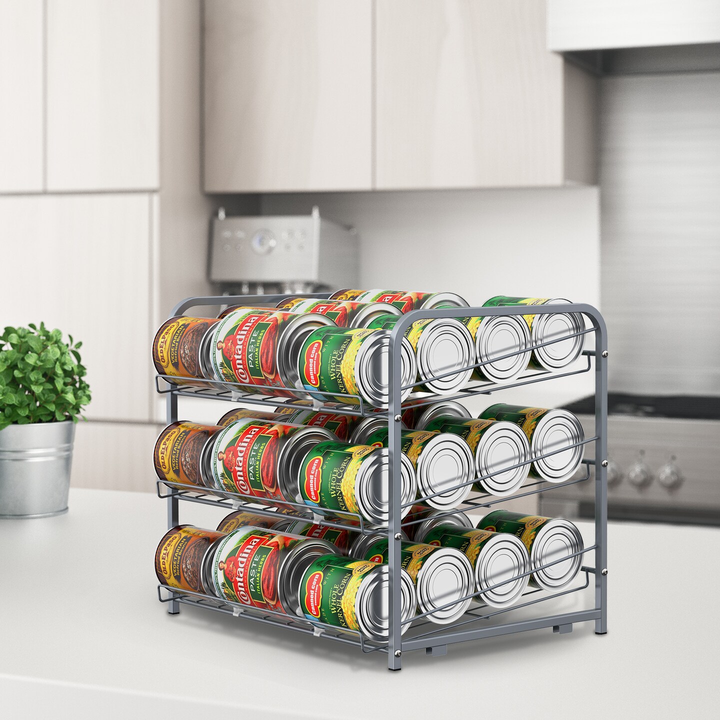 2-Pack Stackable Can Organizer Rack Dispenser &#x2013; Adjustable Metal Pantry Shelf for 36 Cans, Tilted Design with Non-Slip Base (16.73x12.2x14.76&#x22;)