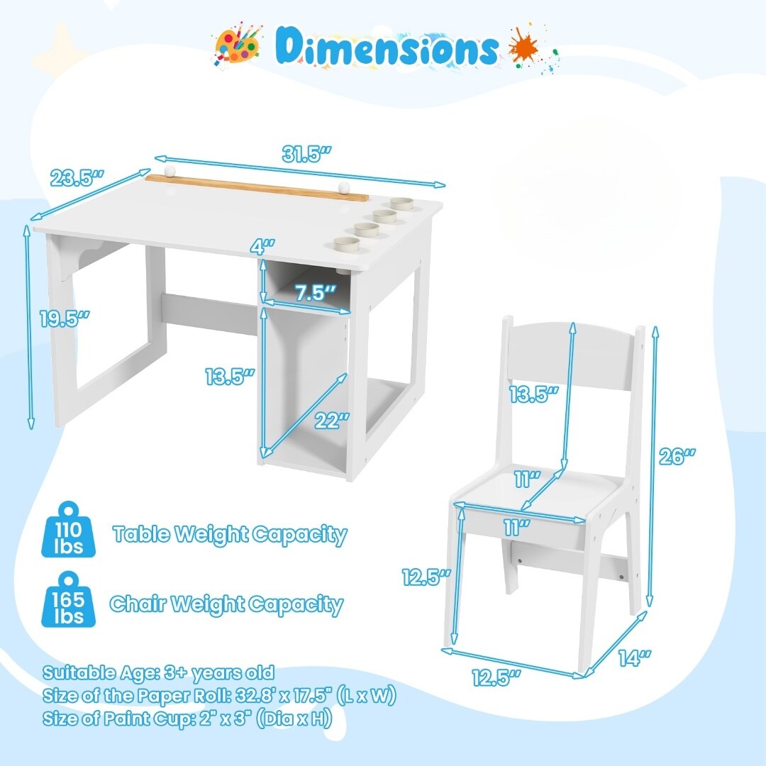 White Kids Craft Drawing Desk with Chair and 2 Spacious Storage Shelves