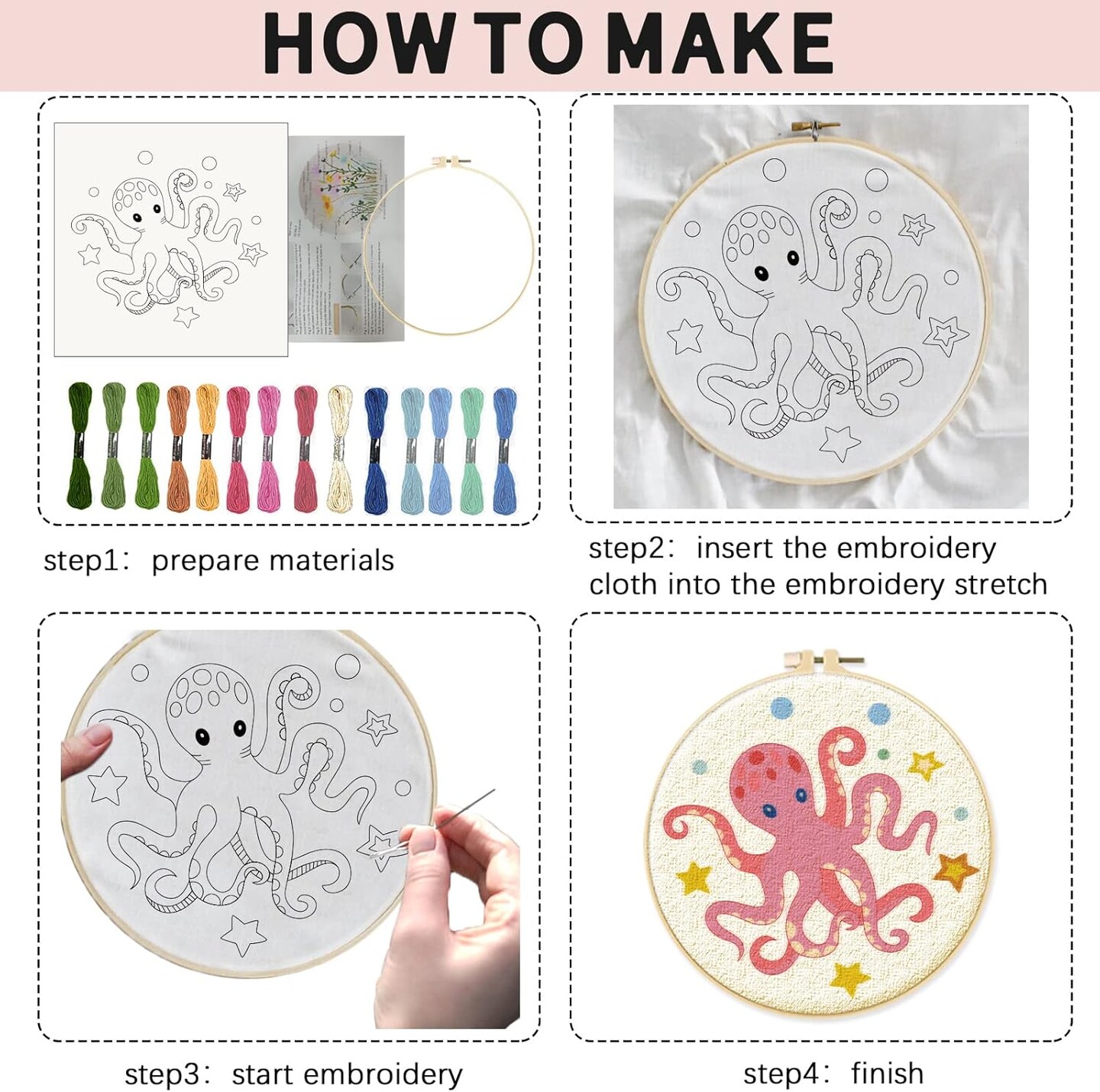 4 Sets Embroidery Kit for Beginners with Sea Animals Pattern DIY Embroidery Kit