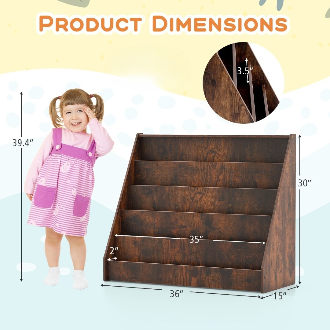 5-Tier Wooden Kids Multi-Purpose Bookshelf with Deep Compartments Suitable for Any Room
