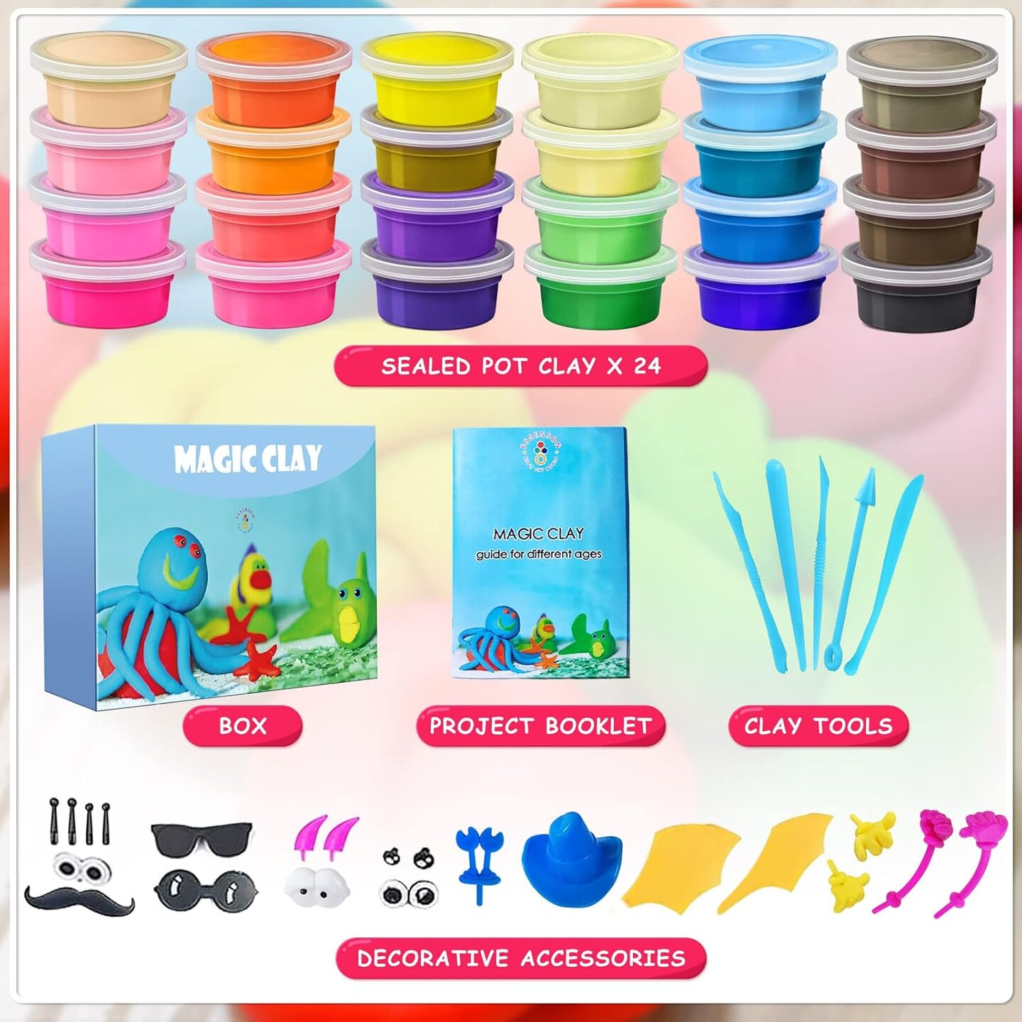24-Color Modeling Clay Kit – Air Dry Clay with Tools, DIY Craft Set for Kids (Ages 3-12).