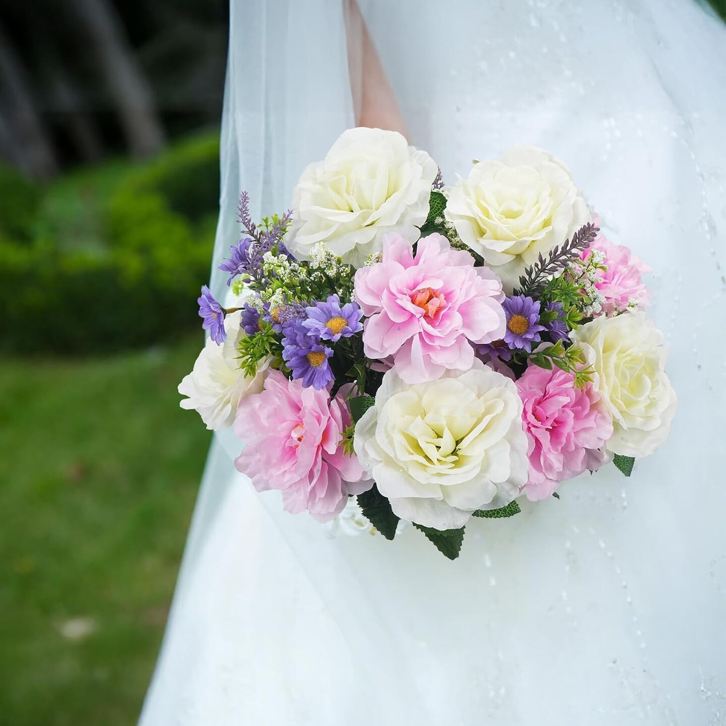 2 Bundles Artificial Spring Flowers 18.5&#x27;&#x27; Artificial Flowers for Cemetery Silk Flowers Fake Peonies Cemetery Decorations for Grave Office Indoor Centerpiece Table Wedding Bouquet Home Decor