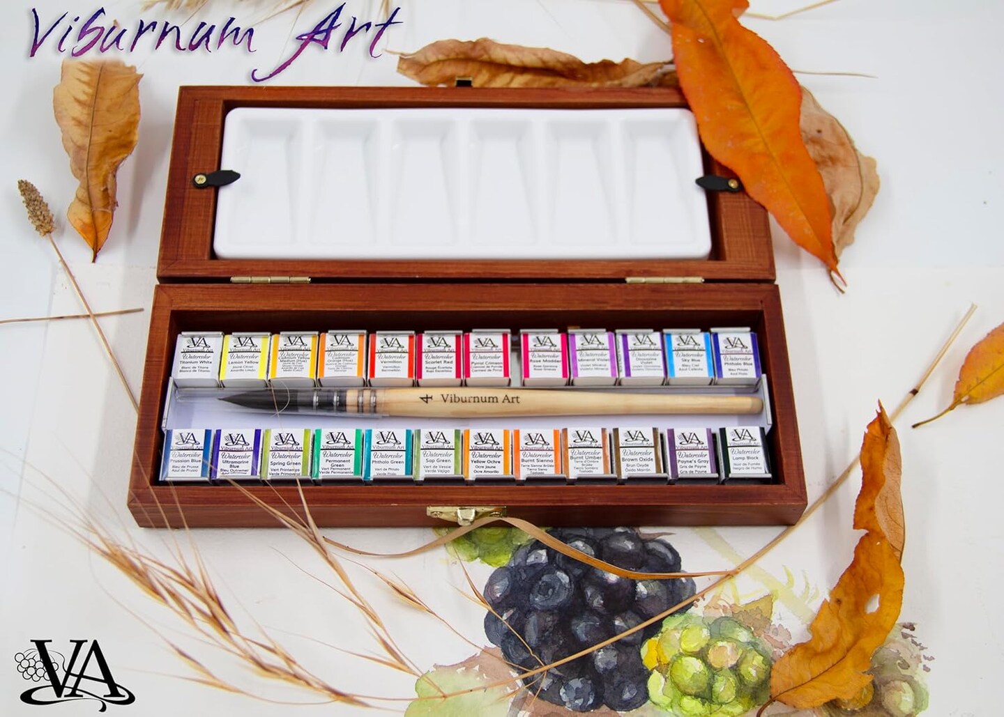 Professional Watercolor Paint Set - 24 Half Pan Highly Pigmented Transparent Water Color Paints with #4 Synthetic Water color Brush, Mixing Palette &#x26; Wooden Box Gift Watercolor Kit