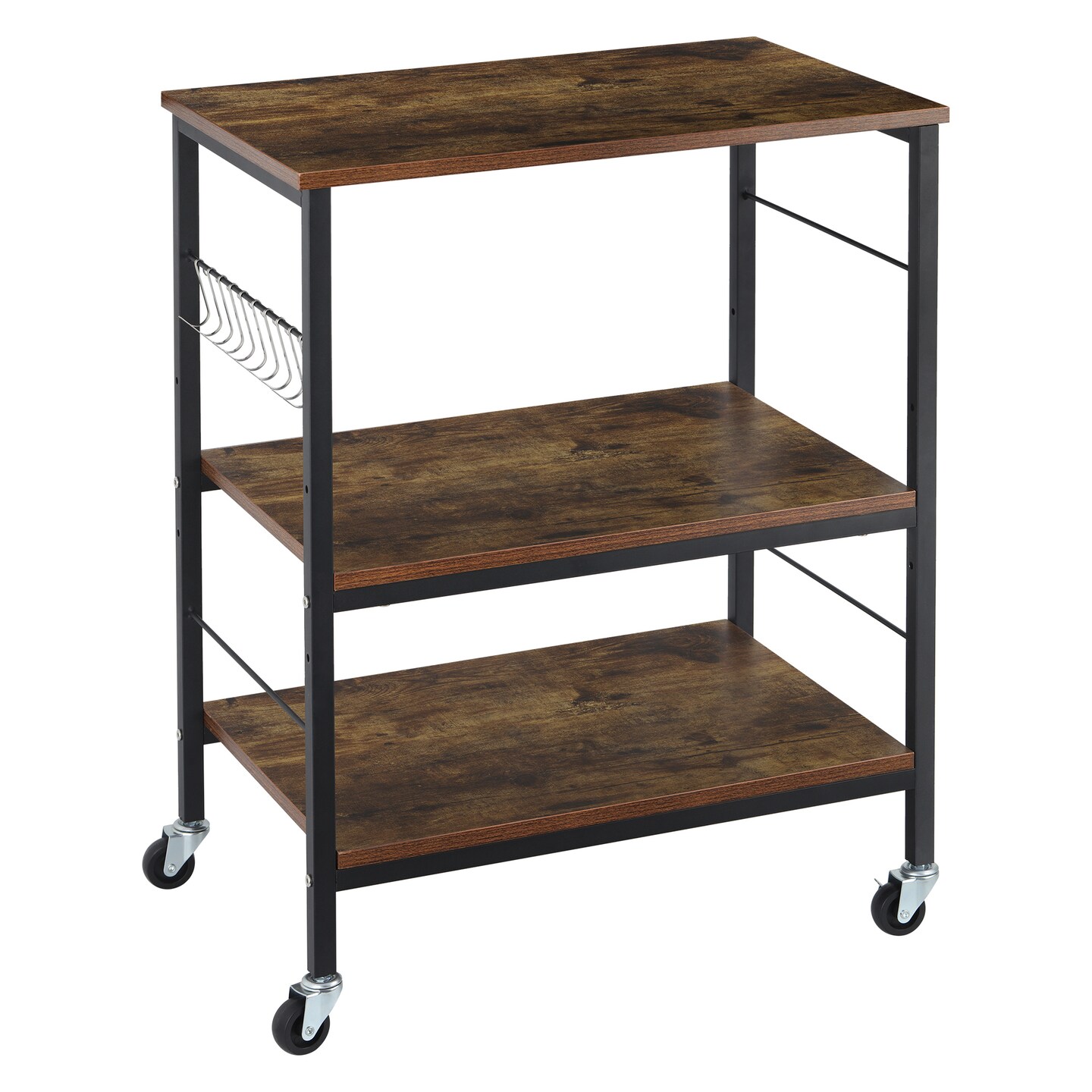 3-Tier Rolling Microwave Stand with Lockable Wheels & 10 Hooks – Adjustable Industrial Storage Shelf for Kitchen, Carbon Steel & Wood (110lbs Capacity, 23.62×15.75×30”)