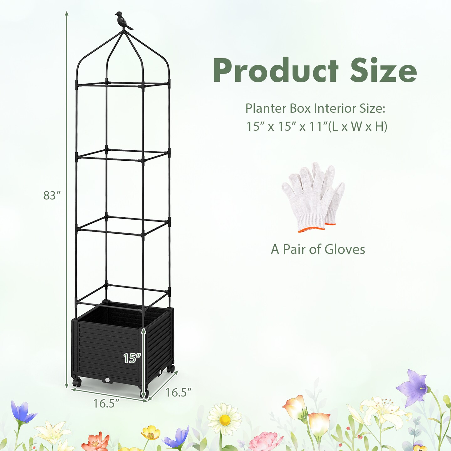 Black Metal Raised Planter Box with Trellis Wheels and Self Watering System