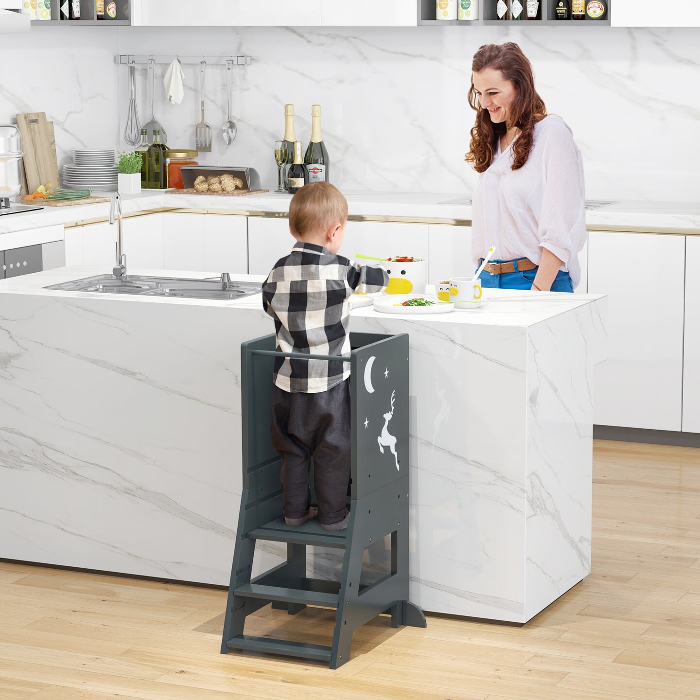 3 in 1 Multi-functional Design Kids Kitchen Standing Stool Tower with Chalkboard and Whiteboard