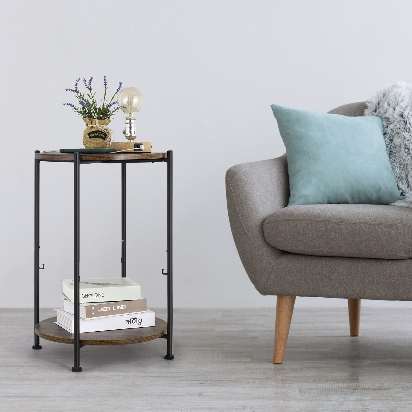 Industrial 2-Tier Round Side Table with Storage Basket &#x2013; Vintage-Inspired End Table for Living Room, Bedroom, or Office &#x2013; Sturdy Metal &#x26; Wood Design, Easy Assembly