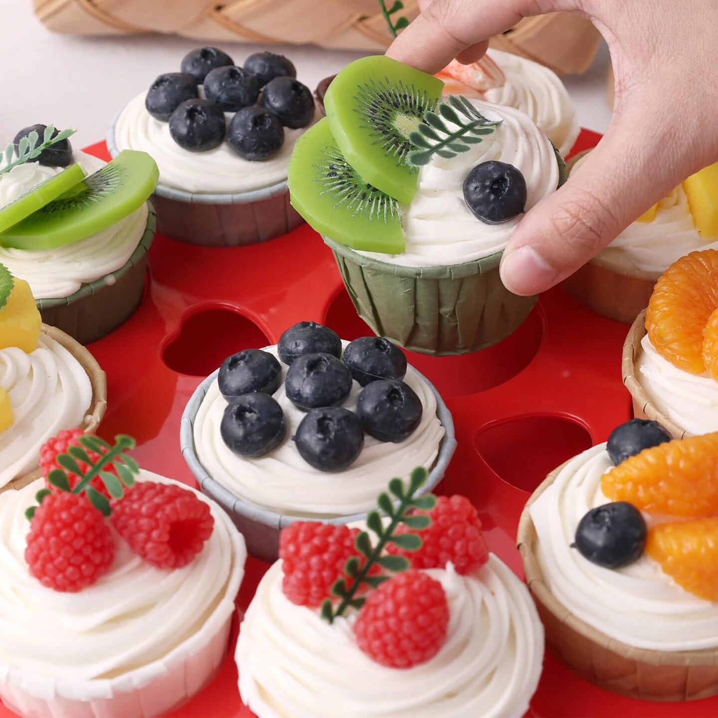 Cake Carrier with Lid and Handle, 12x6 Inch Red Cake Holder Cupcake Container for 11 Cupcakes 2 in 1 Portable Dessert Container for Cake Pie Muffin Cobbler