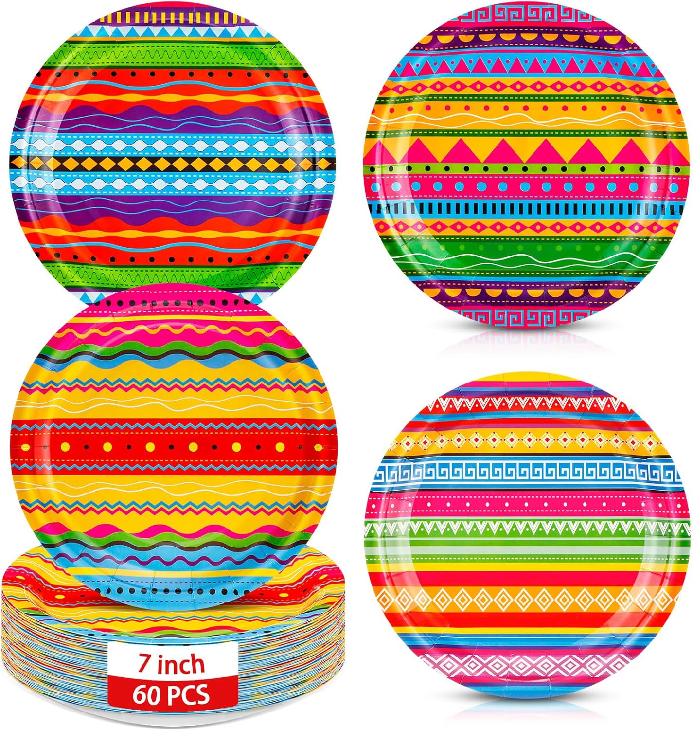 60 Pcs 60 Pcs Mexican Serape Fiesta Paper Plates 7&#x22; Disposable Fiesta Party Decor Mexico Stripes Dessert Plate Colorful Mexico Platter Supply for Cinco De Mayo Pi&#xF1;ata Dinner Tableware