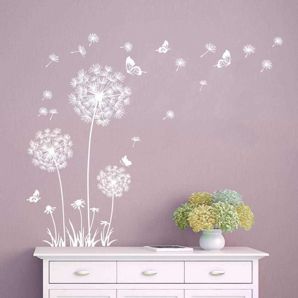 White Dandelion Art Stickers - Large Flower Butterfly Wall Decals for Bedroom and Living Room Decor
