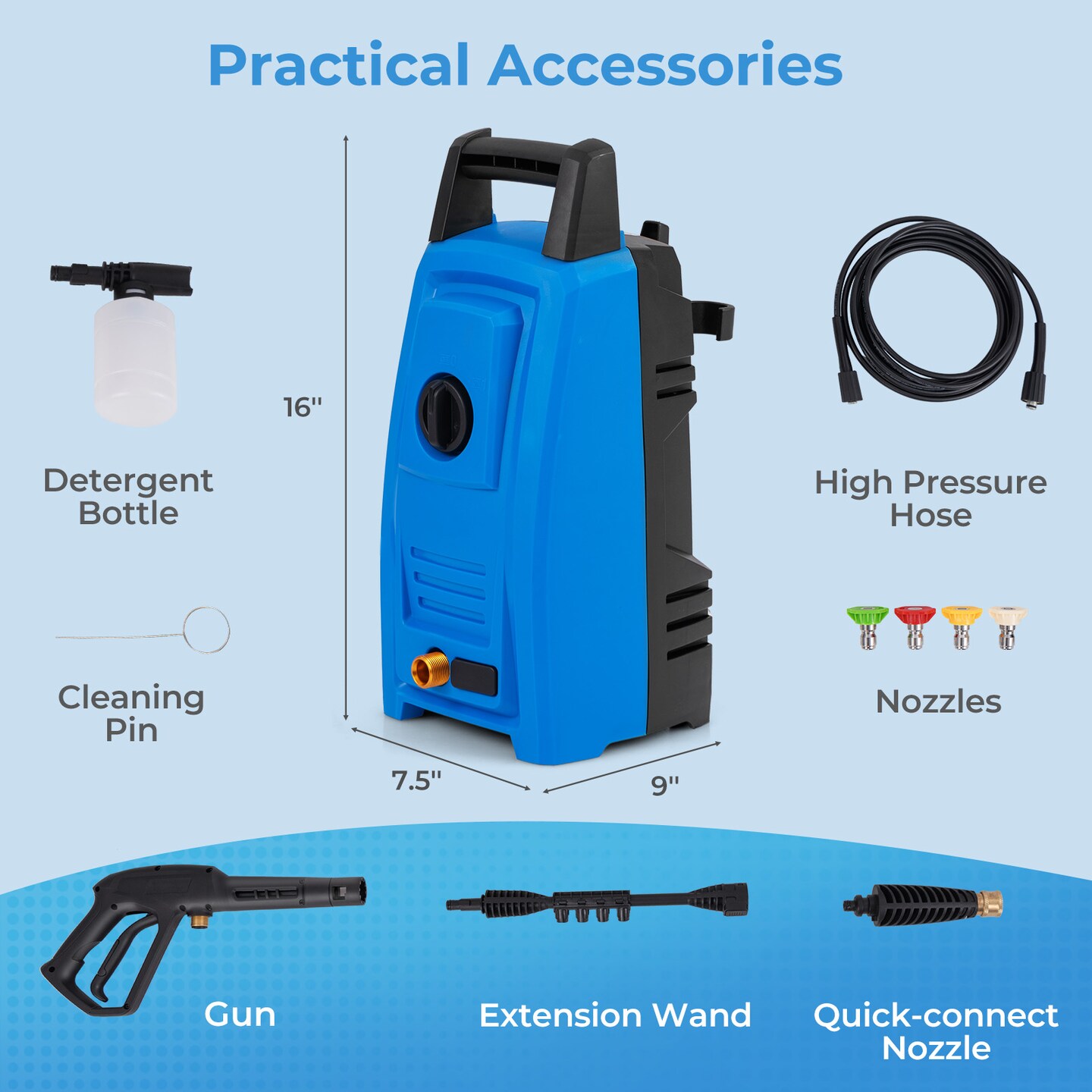 Blue 1900 PSI Electric Pressure Washer with 4 Quick Connect Nozzles and Portable Handle